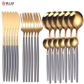 24pcs Upscale Gold Dinnerware Set Stainless Steel Tableware Set Knife Fork Coffee Spoon Flatware Set Dishwasher Safe Cutlery Set