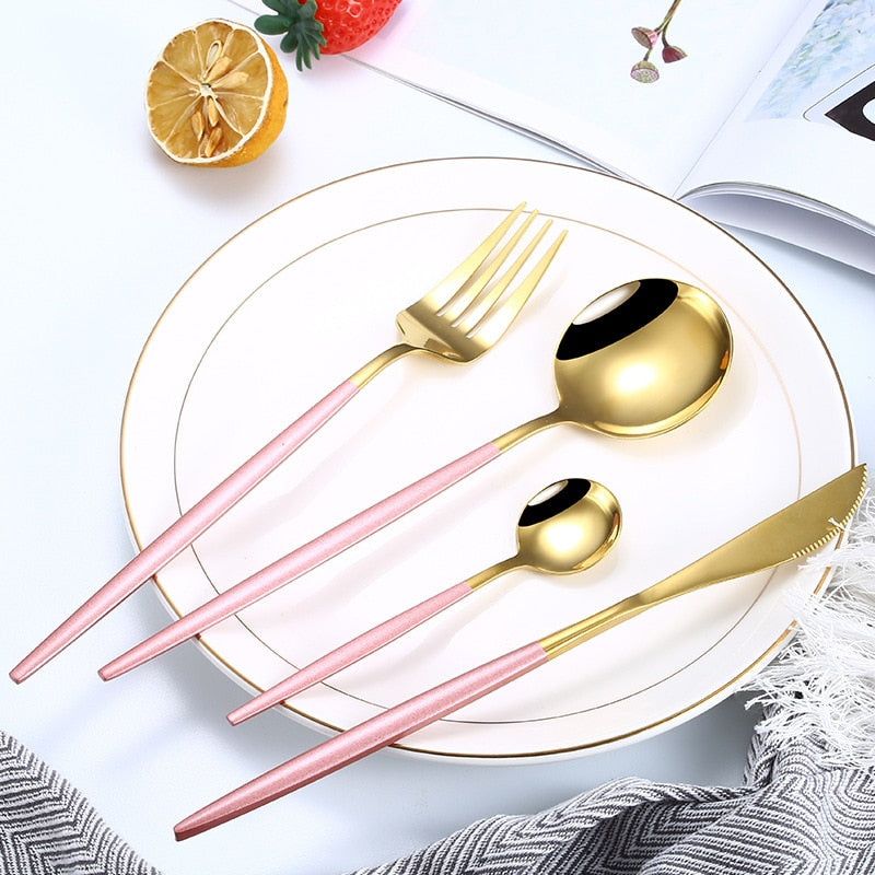 24pcs Upscale Gold Dinnerware Set Stainless Steel Tableware Set Knife Fork Coffee Spoon Flatware Set Dishwasher Safe Cutlery Set